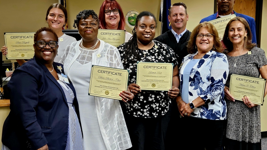 New Volunteer Advocates for Seniors and Incapacitated Adults (VASIA) were sworn in at Lake Superior Court July 21. Pictured are (l-r) VASIA Director LaVonne Jarrett, Sara Ruzycki, Diane Burton-Clair, Julie Ann Mignogna, Brittish Rule, Lake Superior Court Probate Commissioner Ben Ballou, VASIA Volunteer Coordinator Francisca Mendoza, Frank Clair and Vivian V. Ochoa.