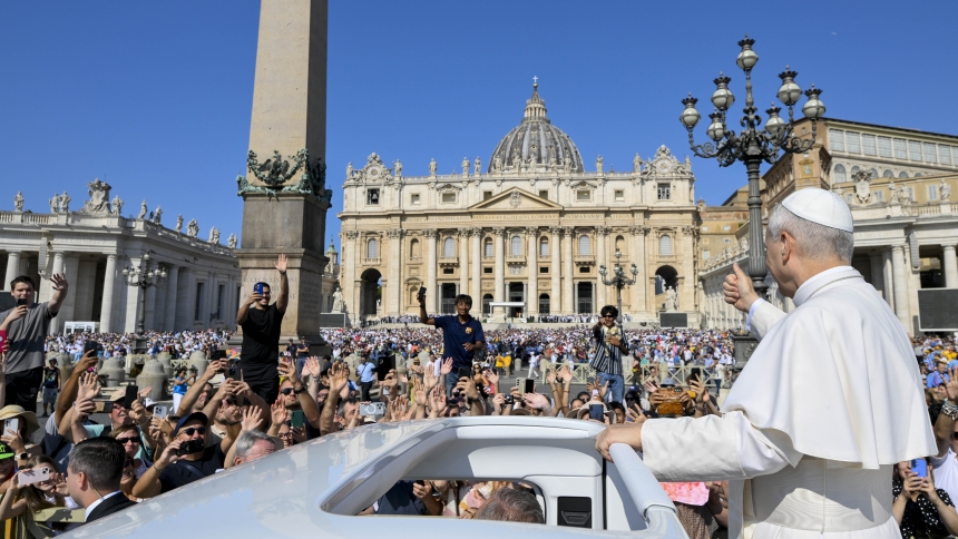 Pope Leo XIV gives a thumbs-up as he rides the popemobile around St. Peter's Square at the Vatican before his weekly general audience Aug. 6, 2025. (CNS photo/Vatican Media)