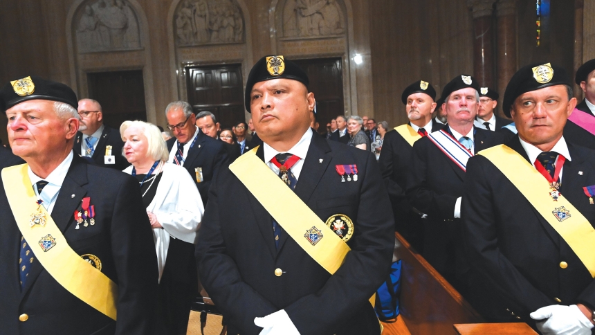 Members of the Knights of Columbus honor guard stand at attention during an Aug. 5, 2025, Mass celebrated at the Basilica of the National Shrine of the Immaculate Conception in Washington to open the fraternal organization's 143rd Supreme Convention. (OSV News photo/Patrick Ryan, for the Catholic Standard)