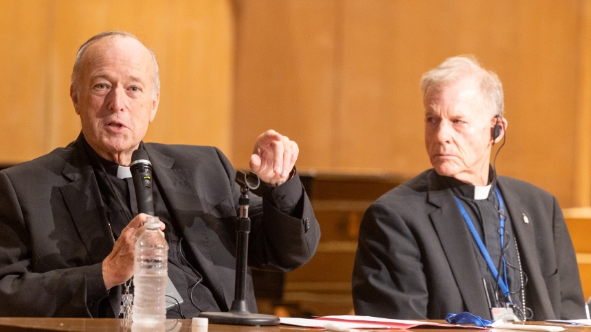 Cardinal Robert W. McElroy of Washington speaks during a peace gathering in Hiroshima, Japan, Aug. 5, 2025, the eve of the 80th anniversary of the United States dropping the atomic bomb on Hiroshima. At right is Archbishop John C. Wester of Santa Fe, N.M. (OSV News photo/Mihoko Owada, Catholic Standard)