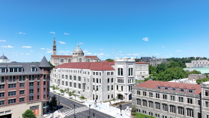 A drone photo shows the campus of The Catholic University of America in Washington May 31, 2024. The university announced Aug. 11, 2025, that in October its publishing division will release in print and Kindle editions Pope Leo XIV's dissertation, which he defended in 1987 for his doctoral degree in canon law. (OSV News photo/courtesy Catholic University of America)