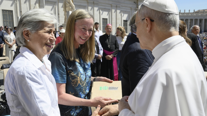 Pope Leo XIV greets María Lía Zervino, a member of the council of the Laudato Si' Movement, and Lorna Gold, executive director, after his weekly general audience in St. Peter's Square at the Vatican May 28, 2025. (OSV News photo/Simone Risoluti, Vatican Media/Catholic Press Photo)