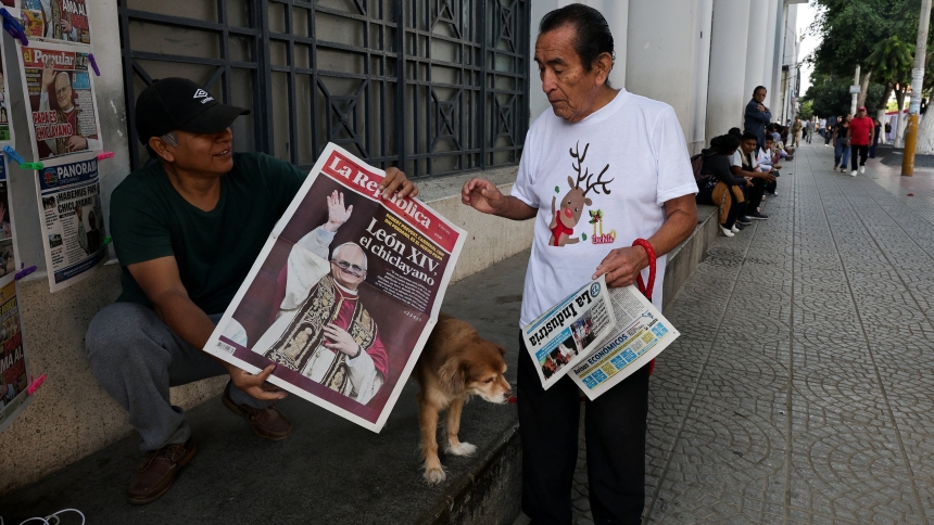 People hold newspapers in Chiclayo, Peru, May 9, 2025, reporting on the election of Pope Leo XIV, who is a dual U.S.-Peruvian citizen. Formerly Cardinal Robert F. Prevost, the prelate was elected pope May 8 at the Vatican, becoming the first American pope in history. As an Augustinian priest, then-Father Prevost spent many years as a missionary in Peru and later as Chiclayo's bishop. (OSV News photo/Sebastian Castaneda, Reuters)