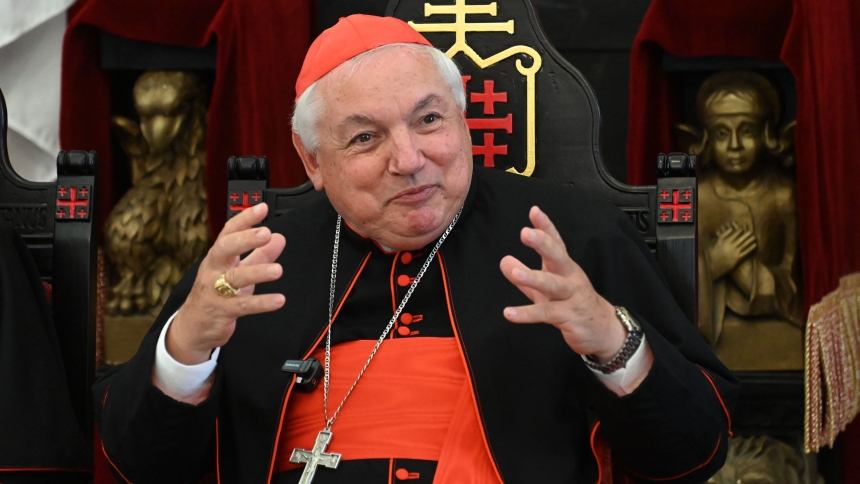 French Cardinal Jean-Marc Aveline of Marseille, who is president of the French bishops' conference, speaks at a news conference  at the Latin Patriarchate headquarters in Jerusalem Aug, 19, 2025, during his visit to the Holy Land. (OSV News photo/Debbie Hill)