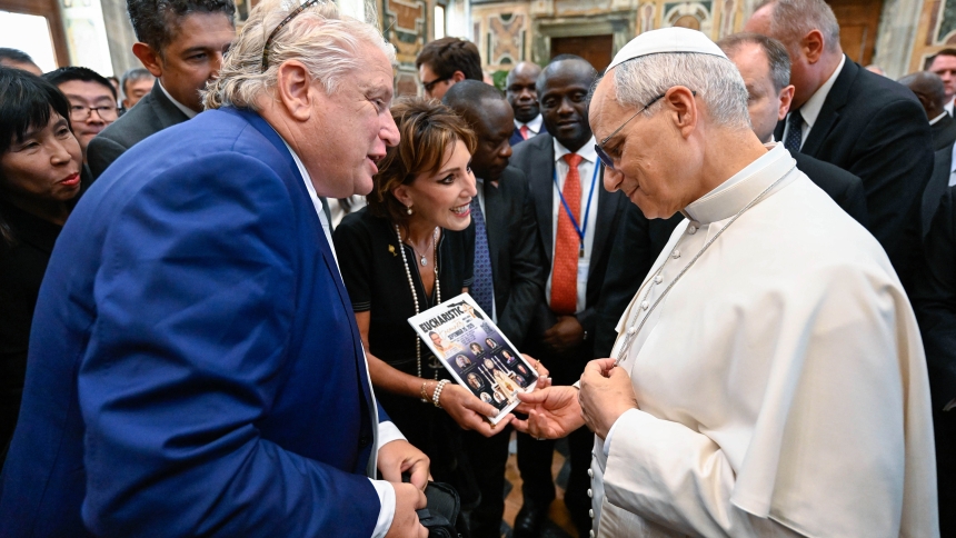 Pope Leo XIV greets participants in the International Catholic Legislators Network during a meeting in the Clementine Hall of the Apostolic Palace at the Vatican Aug. 23, 2025. (CNS photo/Vatican Media)