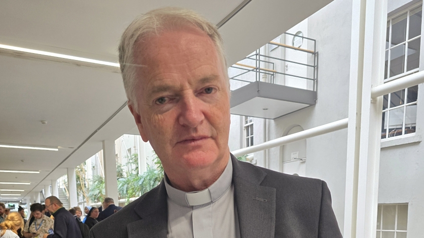 Bishop Paul Tighe, a top official at the Vatican's Dicastery for Culture and Education, poses while speaking to OSV News following his address, "Theology and Mission in an Age of Artificial Intelligence" to the Congress of the European Society for Catholic Theology at Trinity College Dublin Aug. 23, 2025. (OSV News photo/Sarah Mac Donald)