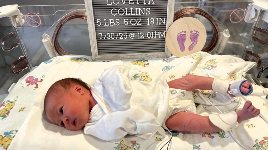 Baby Lezlie Lovetta Collins was born one month early at 12:01 p.m. on her Mom Kayla Harper’s birthday, weighing 5 pounds 5 ounces and measuring 18 inches long. (Provided photo)