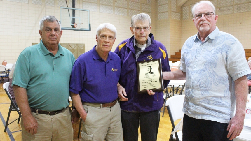 Honorng legendary Hobart High School football coach Tom Kerr (second from right) at the Tailgate Party hosted by St. Bridget in hobart on Aug. 2 were several of his assistants from past Brickie teams, (from left) Don Rogers, Craig Buford and Chrlie Boston. (Marlene A. zloza photo)