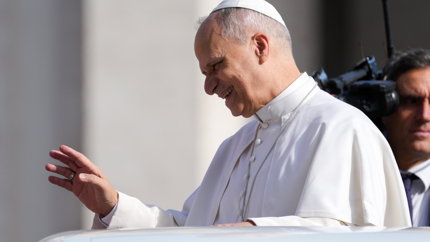 Pope Leo XIV greets visitors and pilgrims from the popemobile as he rides around St. Peter's Square at the Vatican before his weekly general audience Sept. 3, 2025. (CNS photo/Lola Gomez)