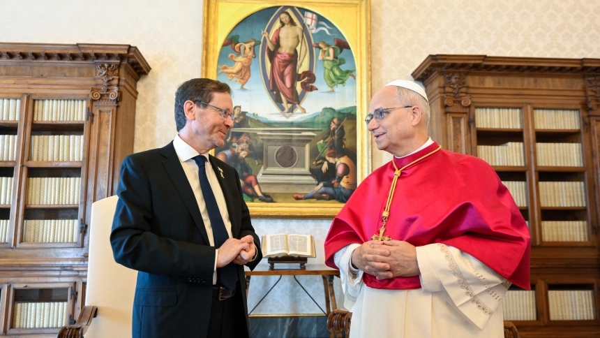 Pope Leo XIV meets with Israeli President Isaac Herzog in the library of the Apostolic Palace at the Vatican Sept. 4, 2025. (CNS photo/Vatican Media)