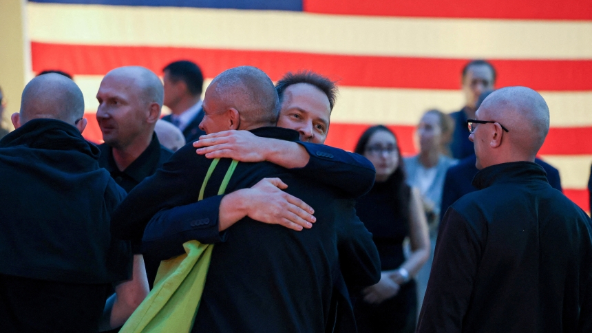 Political prisoners released from Belarus are welcomed at the U.S. Embassy in Vilnius, Lithuania, Sept. 11, 2025. (OSV News photo/Kacper Pempel, Reuters)
