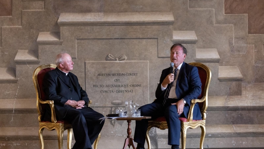 Msgr. Laurence Spiteri, a judge on the Roman Rota, a Vatican court, holds a public conversation with U.S. Supreme Court Justice Samuel A. Alito Jr. at a Jubilee of Justice event in the Palazzo della Cancelleria in Rome Sept. 20, 2025. (CNS photo/Pablo Esparza)