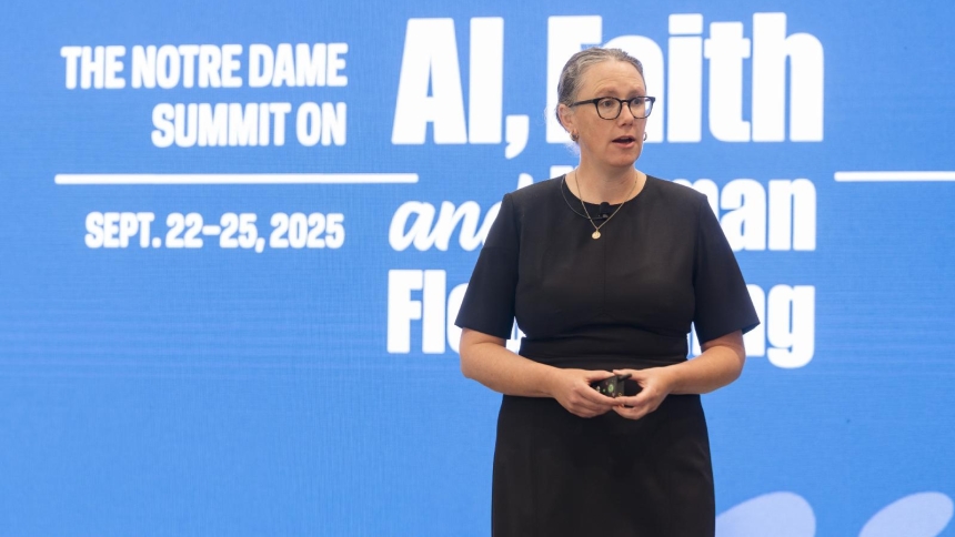 Meghan Sullivan, a philosophy professor and director of the Institute for Ethics and the Common Good and the Ethics Initiative at the University of Notre Dame, gives the keynote address Sept. 23, 2025, at a Notre Dame summit on artificial intelligence. (OSV News photo/Evan Cobb, University of Notre Dame)