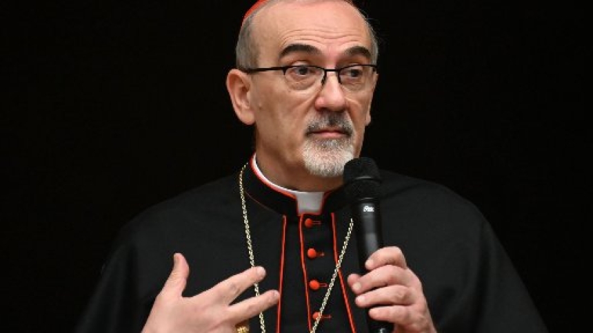 Cardinal Pierbattista Pizzaballa, the Latin patriarch of Jerusalem, speaks July 22, 2025, at a joint press conference at the Notre Dame Center in Jerusalem with Greek Orthodox Patriarch Theophilos III of Jerusalem about their visit to Gaza. (OSV News photo/Debbie Hill)
