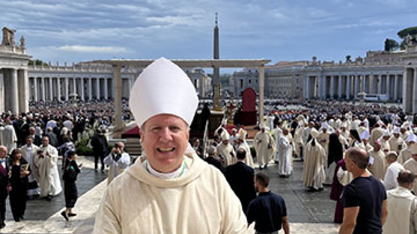 Bishop Robert J. McClory stands in St. Peter’s Square before the beatification Mass for Pope John Paul I on Sept. 4, 2022. (Provided photo)