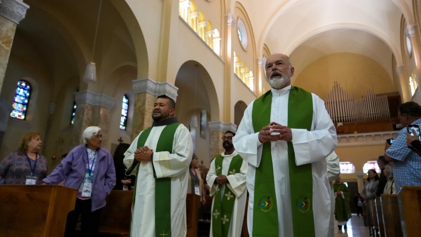 Father Alejandro López Cardinale, pastor of St. Benedict Parish in Somerville, Mass., processes into Mass during the meeting of the U.S. National Catholic Council for Hispanic Ministry in Rome in conjunction with the Jubilee for Migrants Oct. 3, 2025. (CNS photo/Lola Gomez)