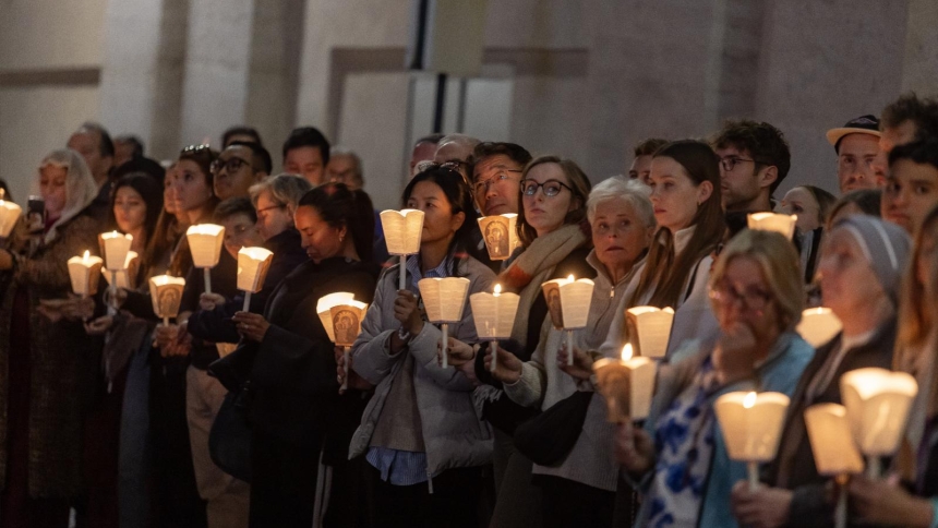 Pilgrims, including religious sisters, priests and laypeople who serve as missionaries around the world, recite the rosary in St. Peter's Square at the Vatican Oct. 4, 2025, as part of the Jubilee of the Missions. (CNS photo/Pablo Esparza)