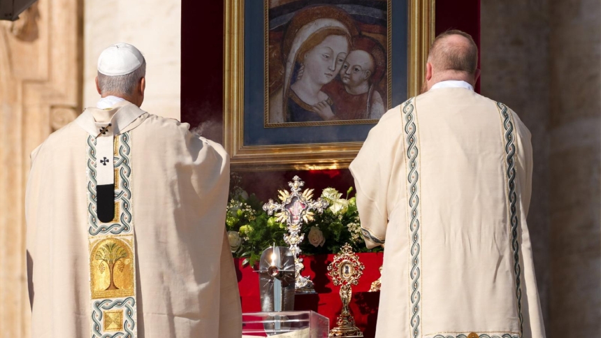 Pope Leo XIV incenses the relics of the seven new saints displayed near an image of Mary and the Child Jesus during the canonization Mass in St. Peter’s Square at the Vatican Oct. 19, 2025. (CNS photo/Lola Gomez)