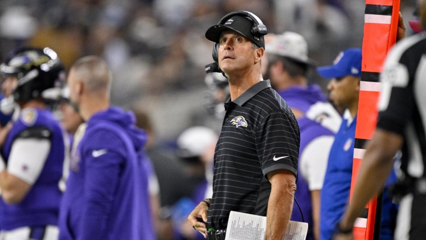 Baltimore Ravens head coach John Harbaugh reacts during the first half of a pre-season game against the Dallas Cowboys at AT&T Stadium in Arlington, Texas, Aug. 16, 2025. (OSV News photo/Kevin Jairaj-Imagn Images via Reuters) 