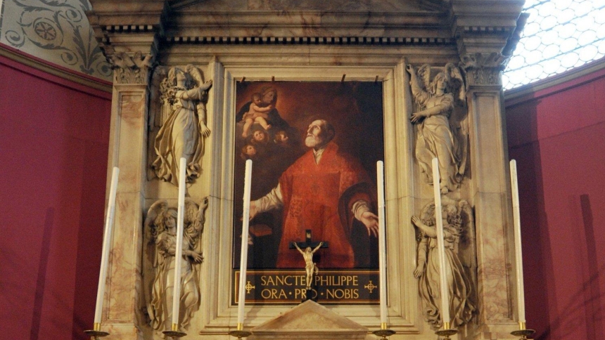 A painting of St. Philip Neri adorns the retable in St. Philip's Chapel of the Birmingham Oratory in Birmingham, England. (OSV News photo/Marcin Mazur, courtesy of Bishops' Conference of England and Wales)