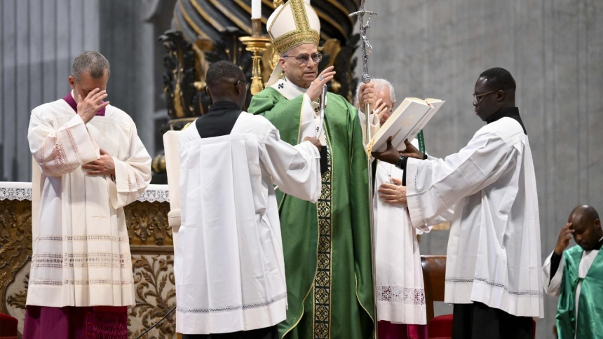 Pope Leo XIV presides over Mass as part of the Jubilee of Synodal Teams and Participatory Bodies in St. Peter's Basilica at the Vatican Oct. 26, 2025. (CNS photo/Vatican Media)