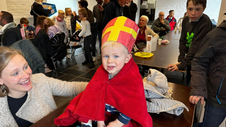 A mother and a child dressed as a Catholic saint celebrate Holywins festival in the Sanctuary of St. Juliana of Cornillon, better known as Juliana of Liege, in Belgium, Oct. 29, 2023. Across Europe, Catholic families are turning Halloween into a celebration of light, life and holiness with "Holywins" -- a play on "Holy" and "Halloween." The movement began in Paris in 2002 and has since spread to Poland, Belgium, Italy, Spain and beyond. (OSV News photo/courtesy Holywins Liege)