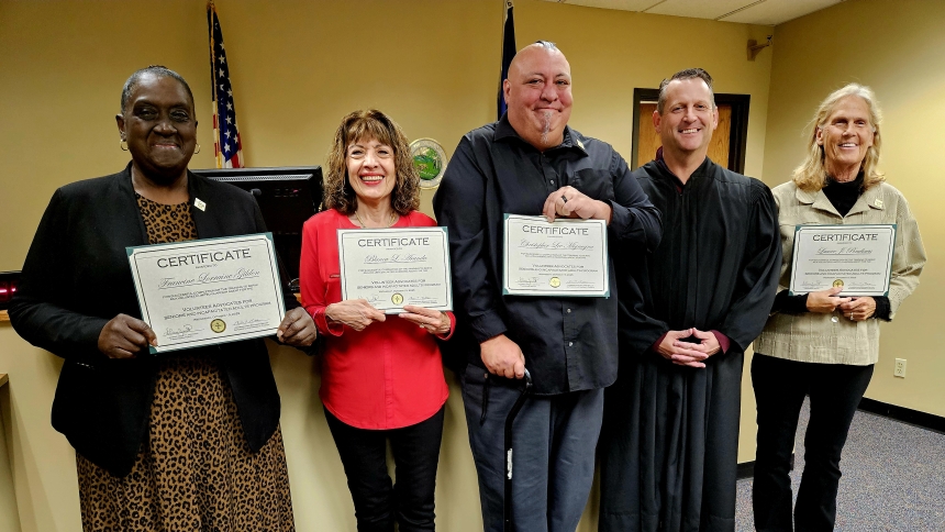  New Volunteer Advocates for Seniors and Incapacitated Adults (VASIA) were sworn in at Lake Superior Court Oct. 15. Pictured are (l-r) Francine Gildon, Blanca Aranda, Christopher Mignogna, Lake Superior Court Probate Commissioner Ben Ballou and Lauree Pondinas. 