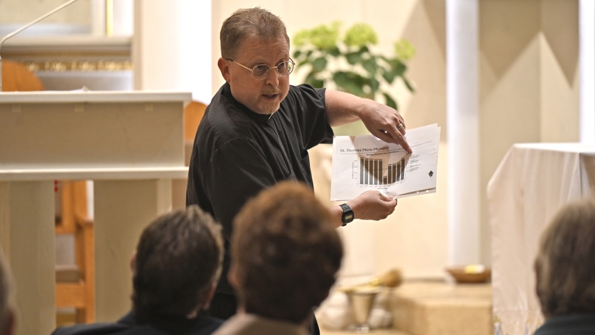 Father Rick Holy, St. Edward, Lowell, pastor, delivers a presentation in the chapel of Our Lady of Mercy on the campus of the Carmelite Fathers Monastery in Munster on Sept. 25. At the St. Thomas More parish Society of the Holy Name meeting, Father Holy quoted Scripture, saints and the recent diocesan Disciple Maker Index data to paint a picture of a Church whose obligation is to evangelize more. (Anthony D. Alonzo photo) 