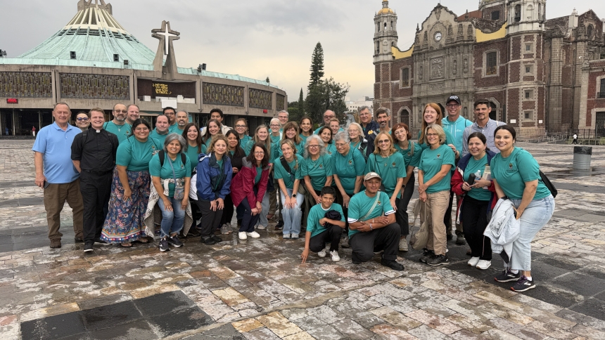 Missionaries from the Diocese of Gary gather in front of the Basilica of Our Lady of Guadalupe in Mexico, where they brought prayer intentions collected from faithful in Northwest Indiana. The group of 40 visited the church in Mexico City during a mission trip Sept. 25-30. (Provided photo)