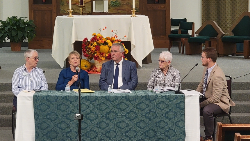Providence Sister Barbara Battista, Doris Parlette, Steve Schutte and Mary Winnecke share their personal experiences with the death penalty during a panel discussion held Sept. 29 at Holy Redeemer Catholic Church in Evansville. The discussion was moderated by Alexander Mingus, executive director of the Indiana Catholic Conference (ICC), pictured at right. The ICC, the public policy voice of the Catholic Church in Indiana, was a co-sponsor of the event. 