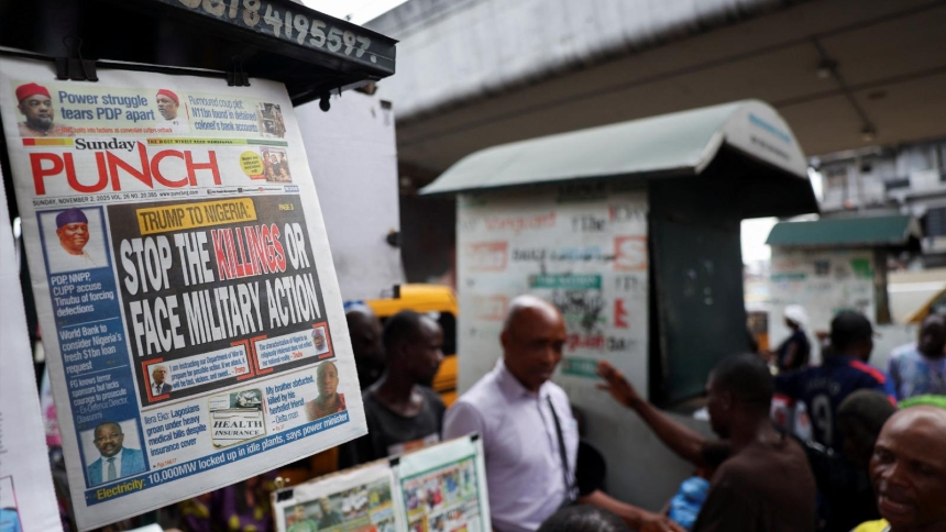 A newspaper with an article reporting U.S. President Donald Trump's message to Nigeria over the treatment of Christians hangs at a newspaper stand in Ojuelegba, Lagos, Nigeria. Nov. 2, 2025. Trump said Oct. 31 he would designate Nigeria as a "country of particular concern" in response to violence in that country perpetuated against predominantly Christian communities. On Nov. 1, he threatened military action if that country's government didn't "move fast" to respond. (OSV News photo/Sodiq Adelakun, Reuters)