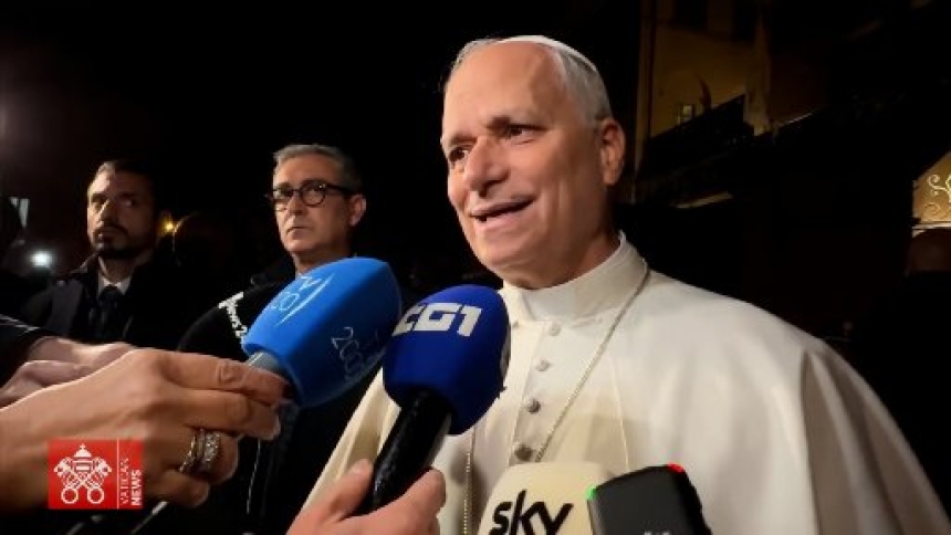 Pope Leo XIV is seen speaking to journalists outside the Palazzo Barberini in Castel Gandolfo, Italy, in a screen shot from a video taken Nov. 4, 2025. (CNS photo/screen grab, Vatican Media)