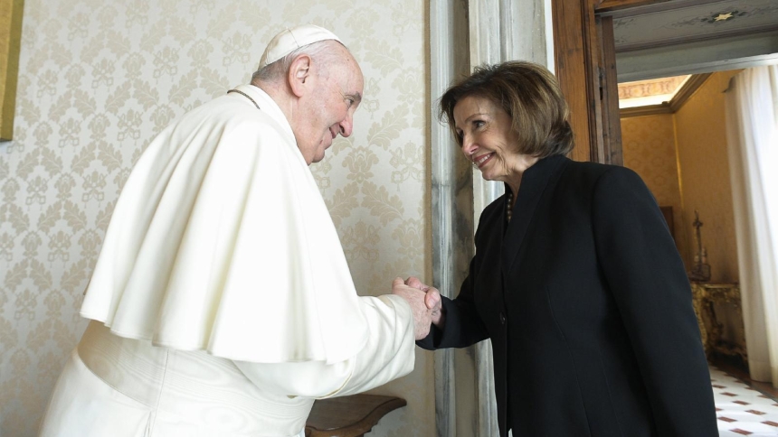 Pope Francis greets then-U.S. House Speaker Nancy Pelosi, D-Calif., during a private audience at the Vatican Oct. 9, 2021. Pelosi, a Catholic and the first woman to be elected to that role, announced Nov. 6, 2025, that she will not seek reelection to Congress in 2026. (OSV News photo/Vatican Media)