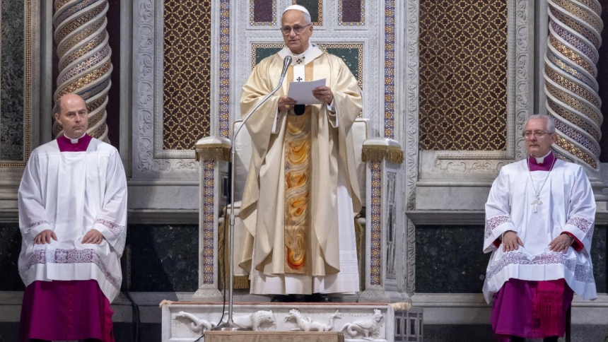 Pope Leo XIV gives his homily from the "cathedra" or bishop's chair at Rome's Basilica of St. John Lateran Nov. 9, 2025, the feast of the basilica's dedication. (CNS photo/Pablo Esparza)