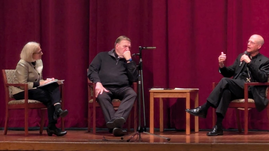 Seattle Archbishop Paul D. Etienne, right, speaks on Nov. 5, 2025, during a conference titled "Deepening Communion in a Polarized World," co-sponsored by St. Meinrad Seminary and School of Theology in St. Meinrad and the Glenmary Home Missioners religious order. The conference took place at the seminary. Also taking part in the conference session are conference facilitator Amy Uleman, left, and Cardinal Joseph W. Tobin of Newark, N.J. (OSV News photo/Sean Gallagher, The Criterion)