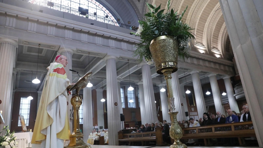 Archbishop Dermot Farrell of Dublin delivers a homily after announcing the elevation of St. Mary's Pro Cathedral to formal cathedral status at a Mass to mark the bicentenary of the church's dedication in 1825 and the feast of the city's patron, St. Laurence O'Toole, on Nov. 14, 2025. The Catholics of Dublin have a dedicated cathedral for the first time in 500 years following Pope Leo XIV's decision on Nov. 14 to designate St. Mary's as the Irish capital's official Catholic cathedral. (OSV News photo/courtes