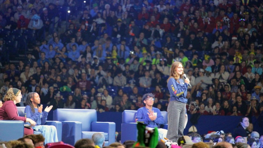 Elise Wing from the Archdiocese of Dubuque, Iowa, asks Pope Leo XIV a question during the pope’s first digital encounter Nov. 21, 2025, with 15,000 youth gathered in Lucas Oil Stadium in Indianapolis as part of the 2025 National Catholic Youth Conference. (OSV News photo/Margaret Murray)