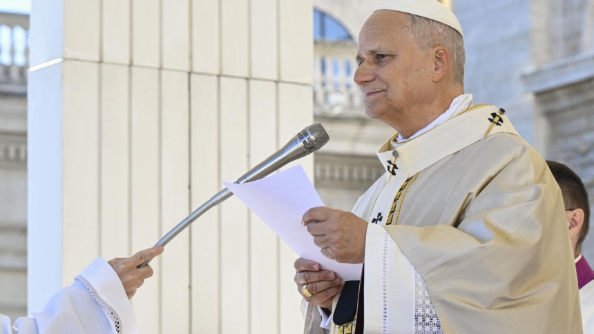 Pope Leo XIV speaks to visitors and pilgrims attending Mass for the Jubilee of Choirs and the feast of Christ the King Nov. 23, 2025, in St. Peter's Square at the Vatican. At the end of Mass, the pope announced the release of his apostolic letter, "In Unitate Fidei" ("In the Unity of Faith") on the Creed and the 1,700th anniversary of the Council of Nicaea. (CNS photo/Vatican Media)
