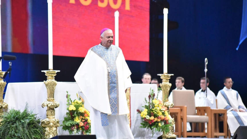 Archbishop Nelson J. Pérez of Philadelphia preaches a homily during the Nov. 22, 2025, closing Mass of the National Catholic Youth Conference celebrated in Lucas Oil Stadium in Indianapolis. (OSV News photo/Sean Gallagher, The Criterion)