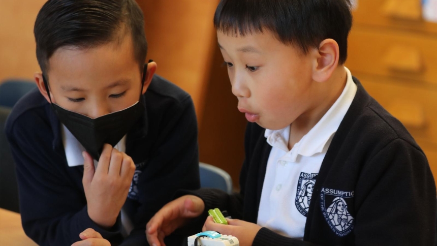 First-graders Connor Nguyen and Jasper Zhao work in a science, technology, engineering, and math program, or STEM, at Assumption of the Virgin Mary School in Pasadena, Calif. Jan. 15, 2025. Experts and teachers from coast to coast told OSV News that artificial intelligence, AI, is poised to transform Catholic education. (OSV News photo/Bob Roller)