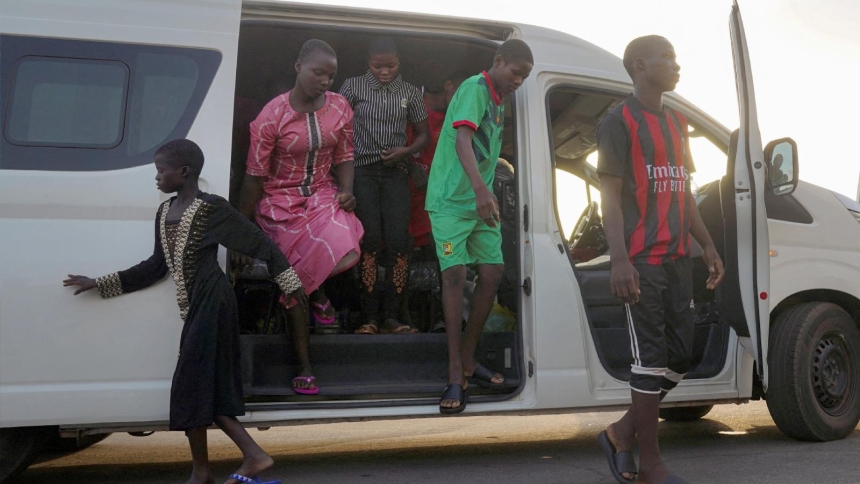 Schoolchildren from St. Mary's Catholic School in Papiri, Nigeria, arrive at the Niger State Government House Dec. 8, 2025, after being freed from captivity following their abduction by gunmen Nov. 21. (OSV News photo/Marvellous Durowaiye, Reuters)