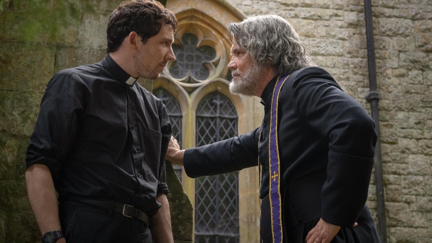 Father Jud Duplenticy (Josh O'Connor), and Msgr. Jefferson Wicks (Josh Brolin) star in a scene from the movie "Wake Up Dead Man: A Knives Out Mystery." The OSV News classification is L -- limited adult audience, films whose problematic content many adults would find troubling. The Motion Picture Association rating is PG-13 -- parents strongly cautioned. Some material may be inappropriate for children under 13. (OSV News photo/John Wilson, courtesy Netflix)
