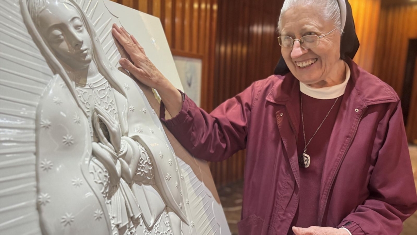 Sister María Celina Mota Campos moves toward a sculpture for the blind at the Basilica of Our Lady of Guadalupe in Mexico City Nov. 6, 2025. Sister María Celina, of the Order of the Incarnate Word and Blessed Sacrament, lost her sight to macular degeneration about 11 years ago, but said she's learned to see Our Lady of Guadalupe with her heart instead of her eyes. (OSV News photo/Rhina Guidos, GSR)
