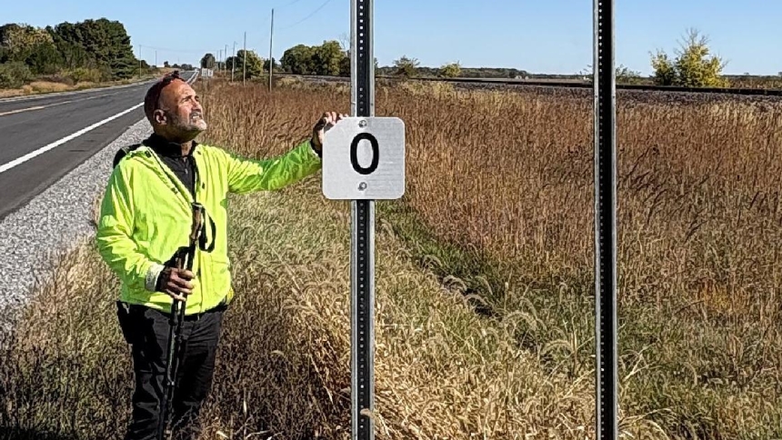 Father Gary Graf, pastor of Our Lady of the Heights Parish in the Chicago suburb of Chicago Heights arrives near the Ohio state line during his 50-day pilgrimage on foot from Chicago to New York to highlight the upheaval immigrant families are experiencing under the current immigration crackdown. Edgerton, Ohio, Oct. 16, 2025. (OSV News photo/courtesy Olivia Erbach)