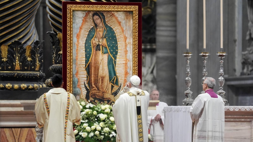 Pope Leo XIV incenses an image of Our Lady of Guadalupe during Mass on her feast day in St. Peter’s Basilica at the Vatican Dec. 12, 2025. (CNS photo/Lola Gomez)