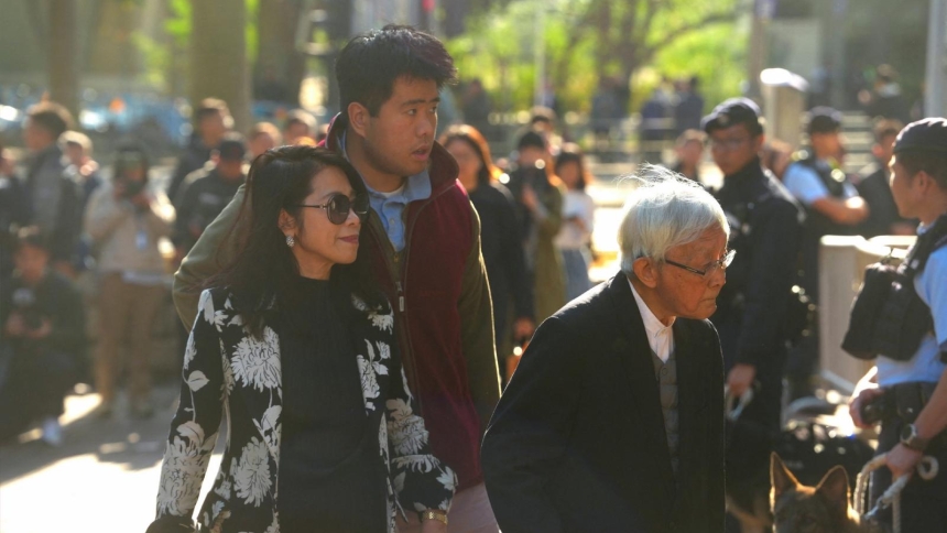 Jimmy Lai's wife, Teresa Lai, and son Lai Shun Yan arrive at the West Kowloon Magistrates' Courts building in Hong Kong, China, Dec. 15, 2025, for the verdict in the trial of Jimmy Lai, a prominent Hong Kong Catholic, philanthropist and media mogul. Three government-vetted judges found Lai, 78, guilty of conspiring with others to collude with foreign forces to endanger national security and conspiracy to publish seditious articles. He pleaded not guilty to all charges.(OSV News photo/Lam Yik, Reuters)