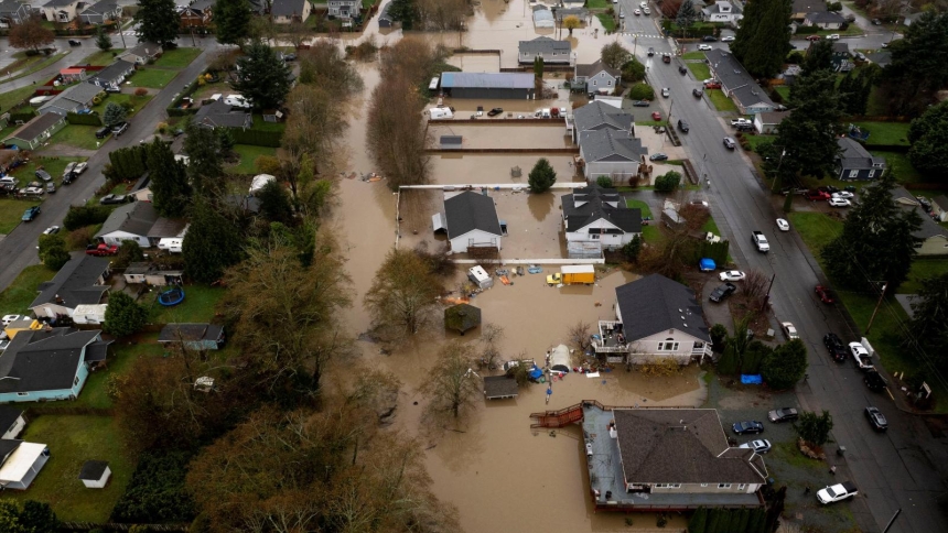 A drone view shows a flooded neighborhood in Burlington, Wash., Dec. 12, 2025, as an atmospheric river brings rain and flooding to the Pacific Northwest. The catastrophic flooding forced thousands of people to evacuate. (OSV News photo/David Ryder, Reuters)