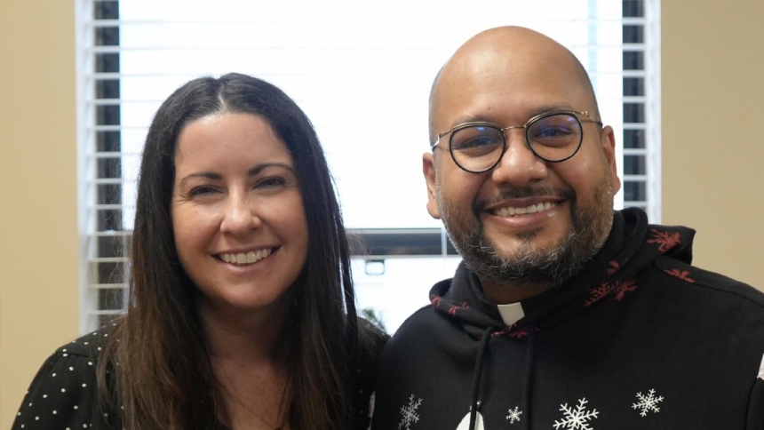 Jillian Whisnant, principal of Christ the King Church in Little Rock, Ark., and associate pastor Father Emmanuel "Manny" Torres poses Dec. 9, 2025, before Father Torres’ kidney transplant with Whisnant's donated kidney. Father Torres got a phone call in early September that he had been hoping for years -- they found the match needed for his kidney transplant. (OSV News photo/Katie Zakrzewski, Arkansas Catholic)