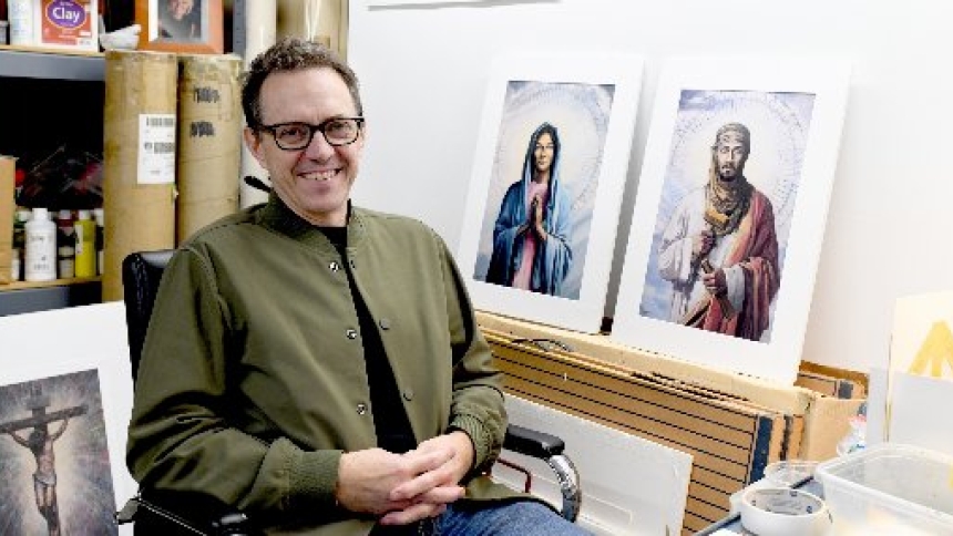Artist Christopher Santer poses for a photo at his studio in St. Paul, Minn., Nov. 10, 2025. As a professional artist and a Catholic high school art teacher, he still does landscapes and architecture, but he is most sought after for his sacred artwork. (OSV News photo/Dianne Towalski, The Central Minnesota Catholic)
