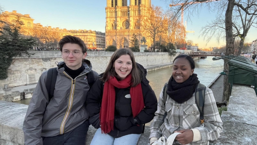 Participants of the Taizé community meeting are seen in front of Notre Dame Cathedral in Paris on an undated photograph. More than 10,000 young Christians from across Europe joined thousands of young French people in Paris Dec. 28-Jan. 1, 2025, to take part in the European meeting of the Taizé community, which is held every year in a different European city around the New Year. (OSV News photo/courtesy Taizé community)